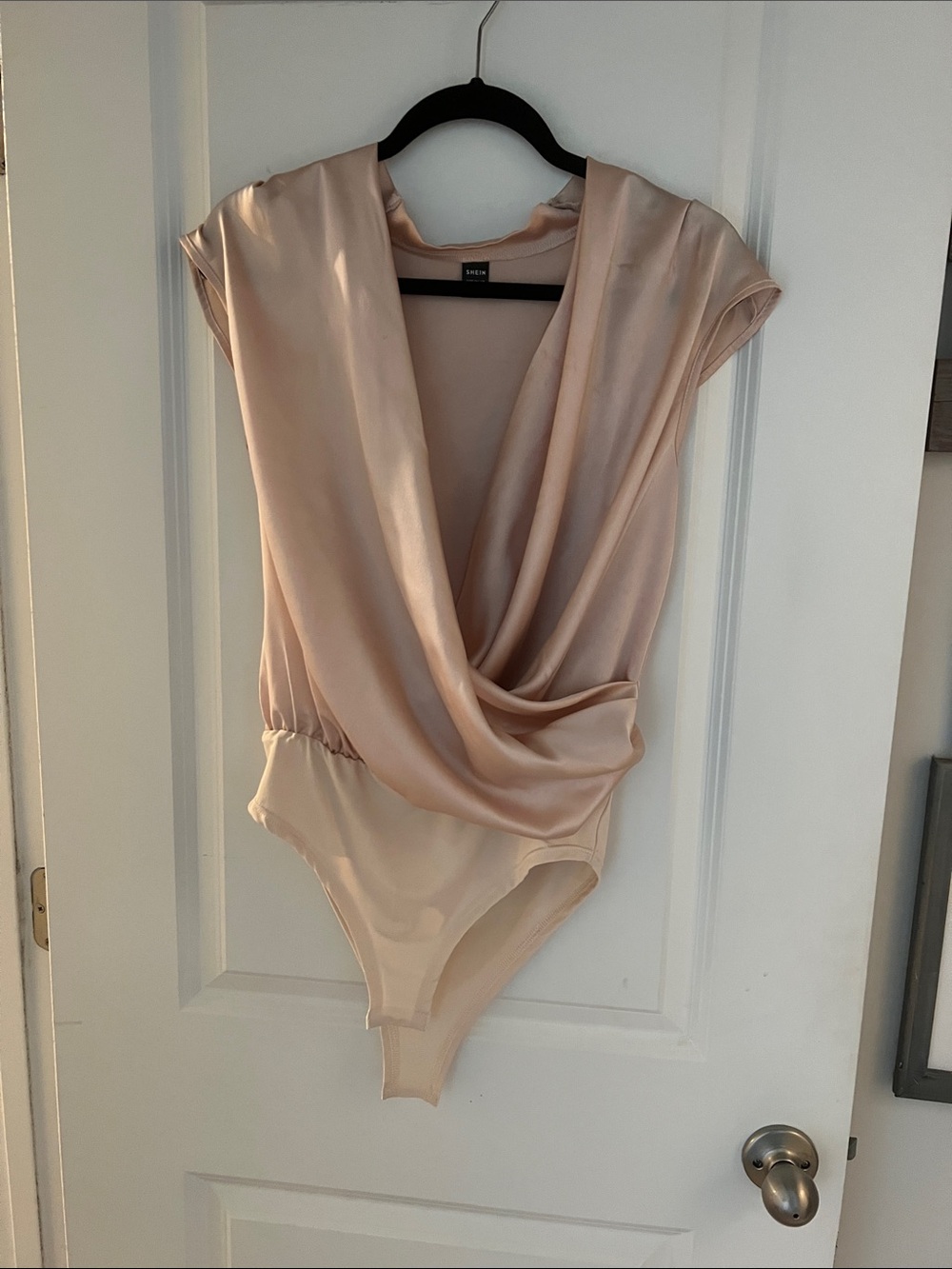 SHEIN Blush Draped Satin V-Neck Cap Sleeve Bodysuit